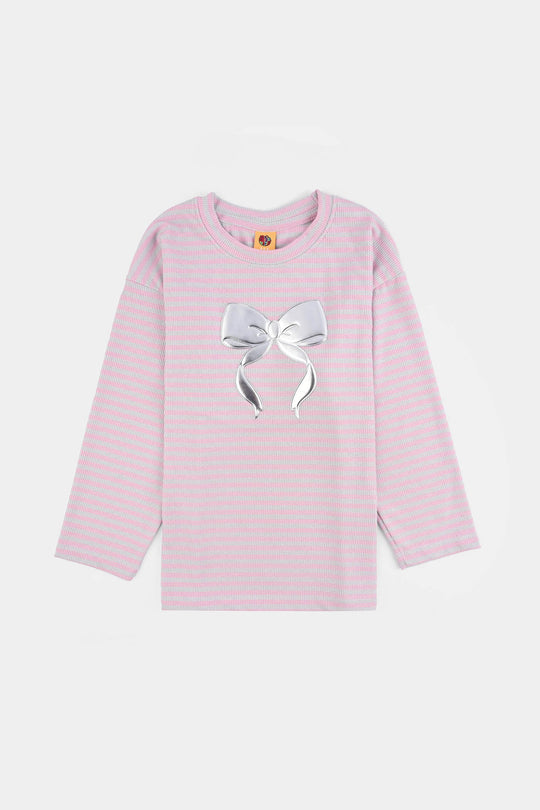 Girls Rib T-Shirt F/S SILVER BOW-Pink/Grey