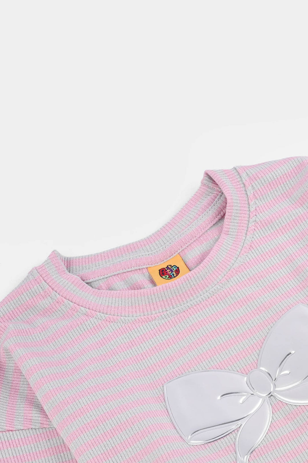 Girls Rib T-Shirt F/S SILVER BOW-Pink/Grey