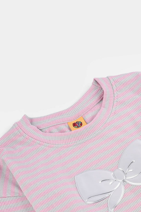 Girls Rib T-Shirt F/S SILVER BOW-Pink/Grey
