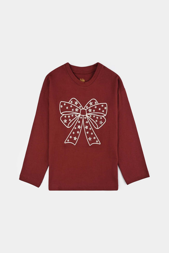 Girls Jersey/Terry T-Shirt F/S BOW-Red