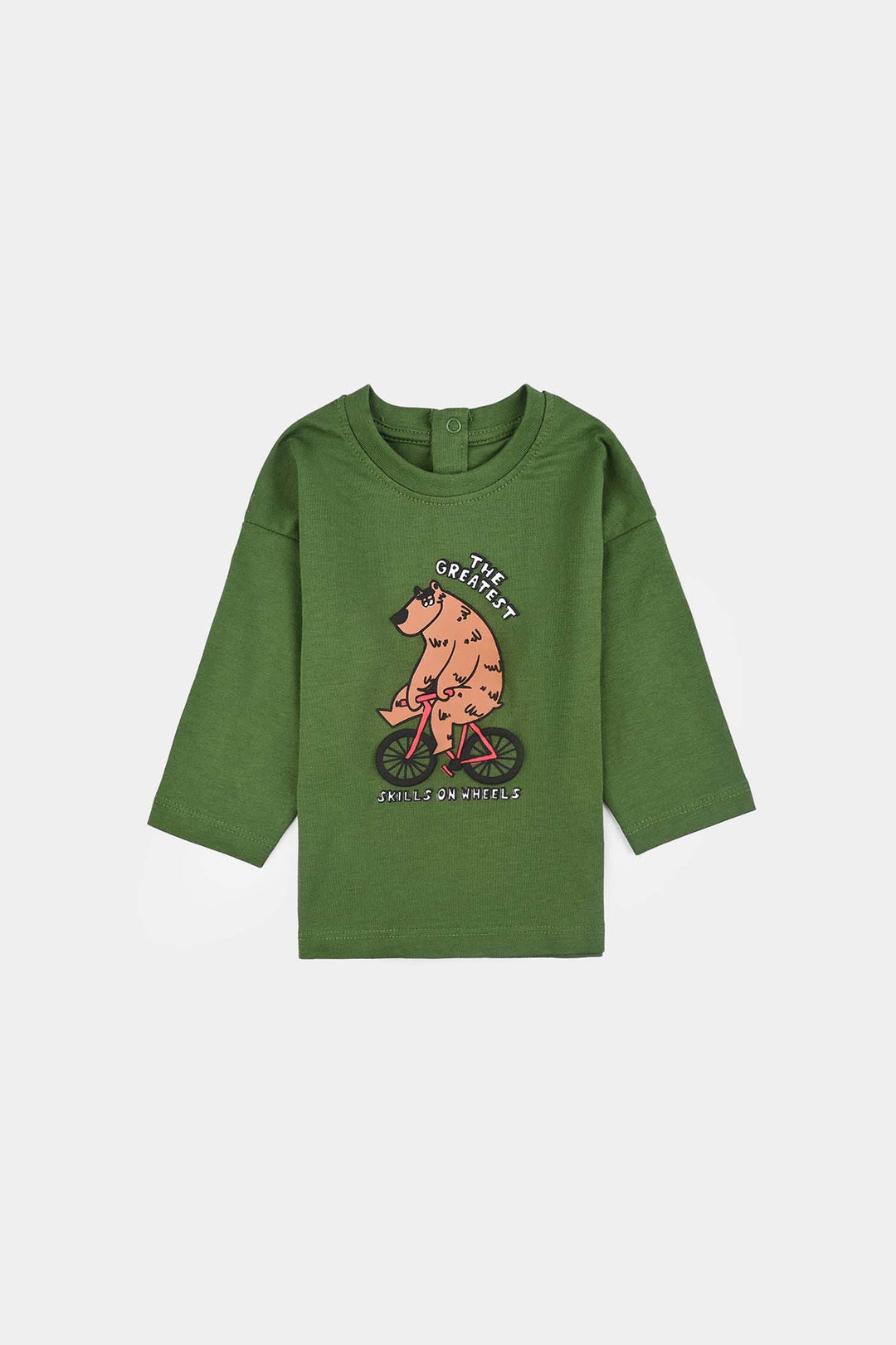 Infant Boys Jersey/Terry T-Shirt F/S SKILLS ON WHEEL BEAR-Olive Green