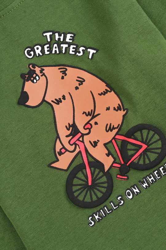 Infant Boys Jersey/Terry T-Shirt F/S SKILLS ON WHEEL BEAR-Olive Green