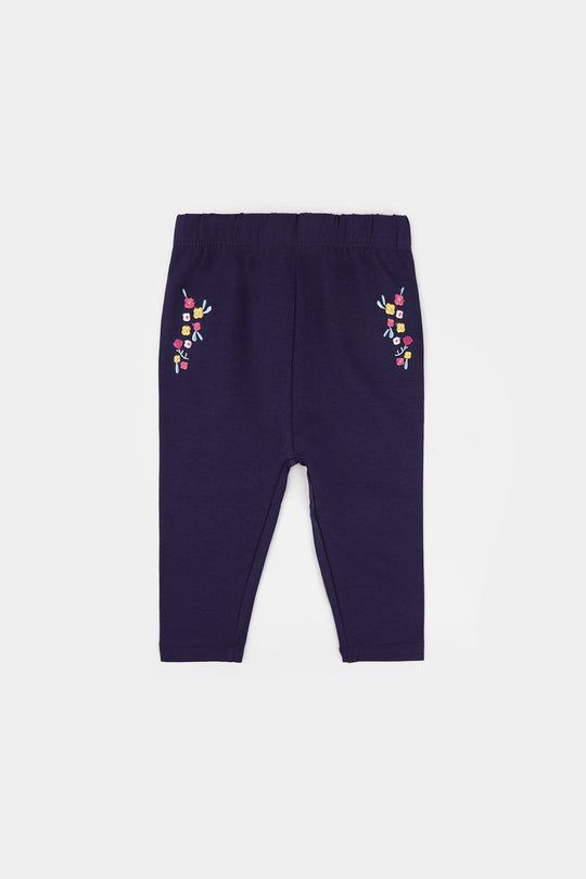 Infant Girls Jersey/Terry Emb Tights Flowers-NAVY