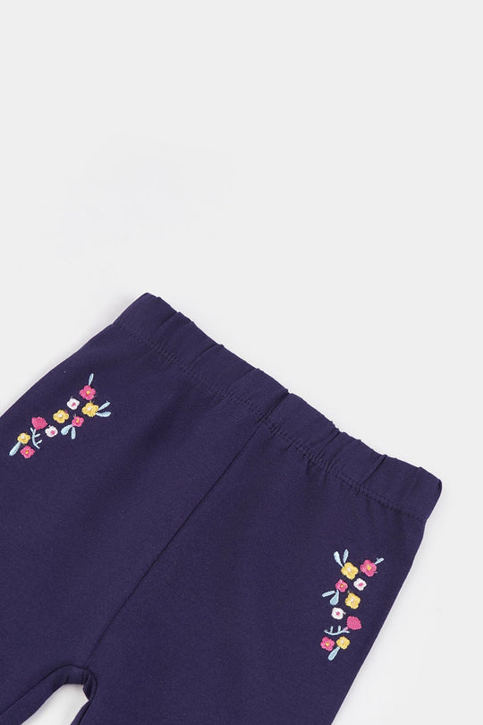 Infant Girls Jersey/Terry Emb Tights Flowers-NAVY
