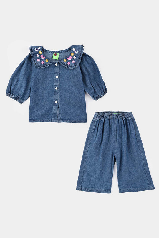 Infant Girls Denim (Light Denim) Suit-Flower Edit - Blue