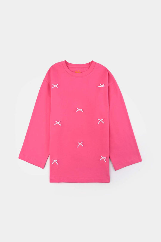 Girls Jacquard Jersey T-Shirt F/S BOWS-PINK