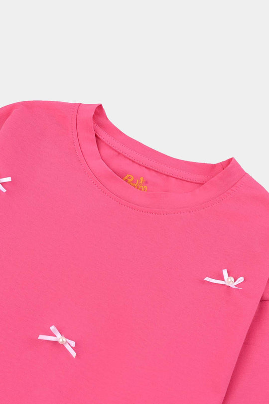 Girls Jacquard Jersey T-Shirt F/S BOWS-PINK