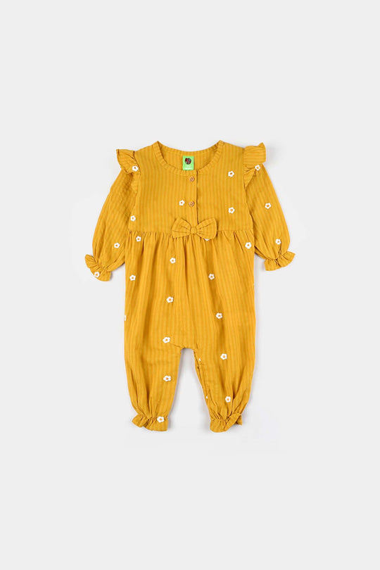 Infant Girls Cotton Jacquard Woven Romper-Orchid Bloom-Yellow