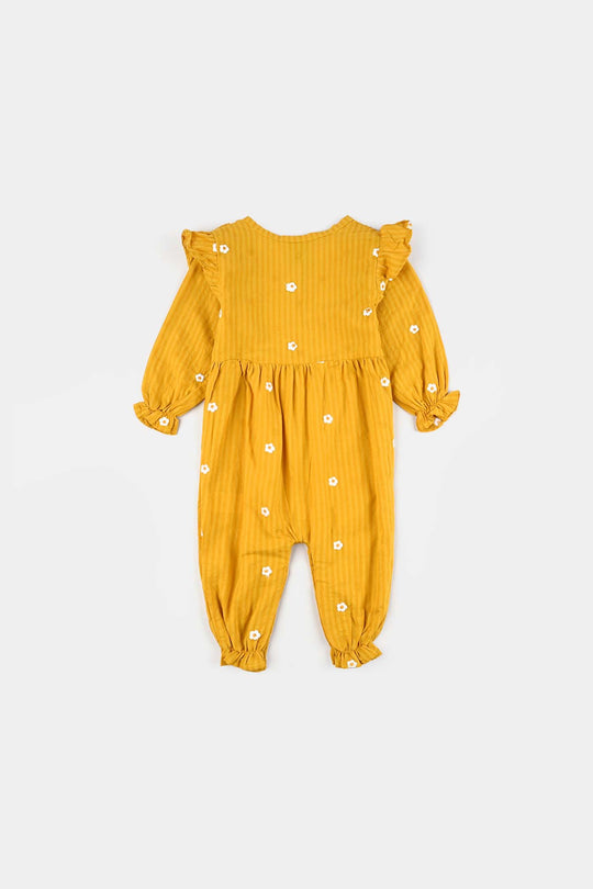 Infant Girls Cotton Jacquard Woven Romper-Orchid Bloom-Yellow