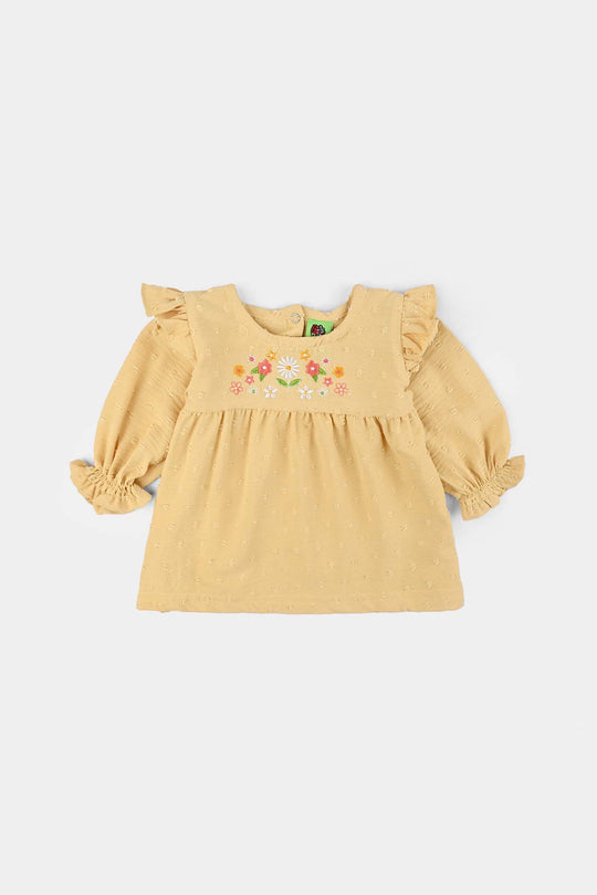 Infant Girls Cotton Jacquard 2 Pc Suit-Bloom Hues-Yellow