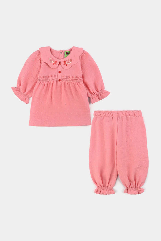 Infant Girls Cotton Jacquard 2 Pc Suit - Light Pink