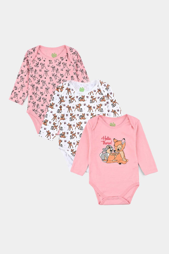 Infant Girls Cotton Interlock Bambi Basic Romper F/S Pack OF 3 - Pink.White