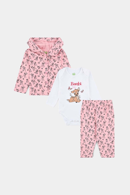 Infant Girls Cotton Interlock Bambi 3 Piece Suit - Pink/White