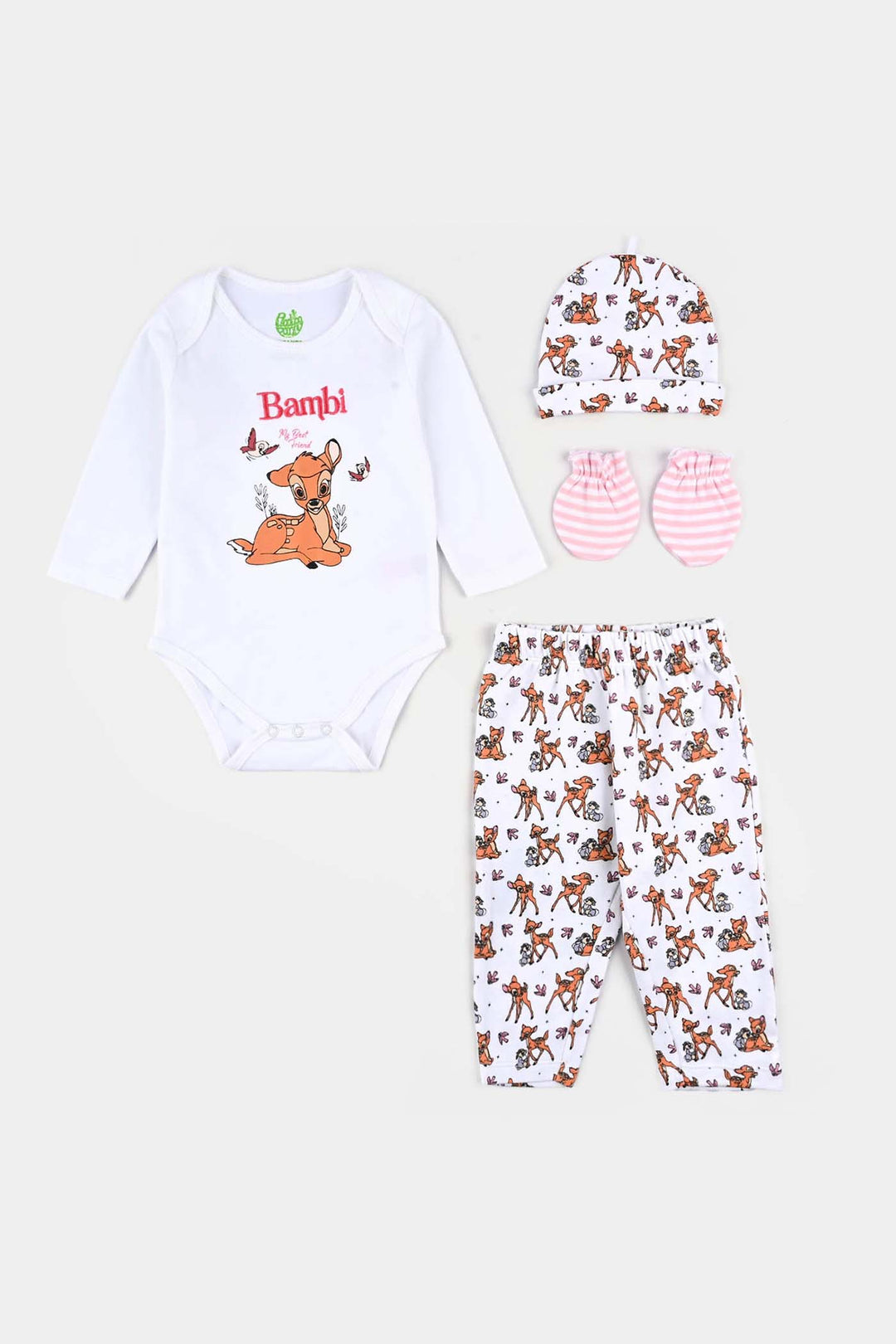 Infant Girls Cotton Interlock 4-Piece Set (Bambi) - White