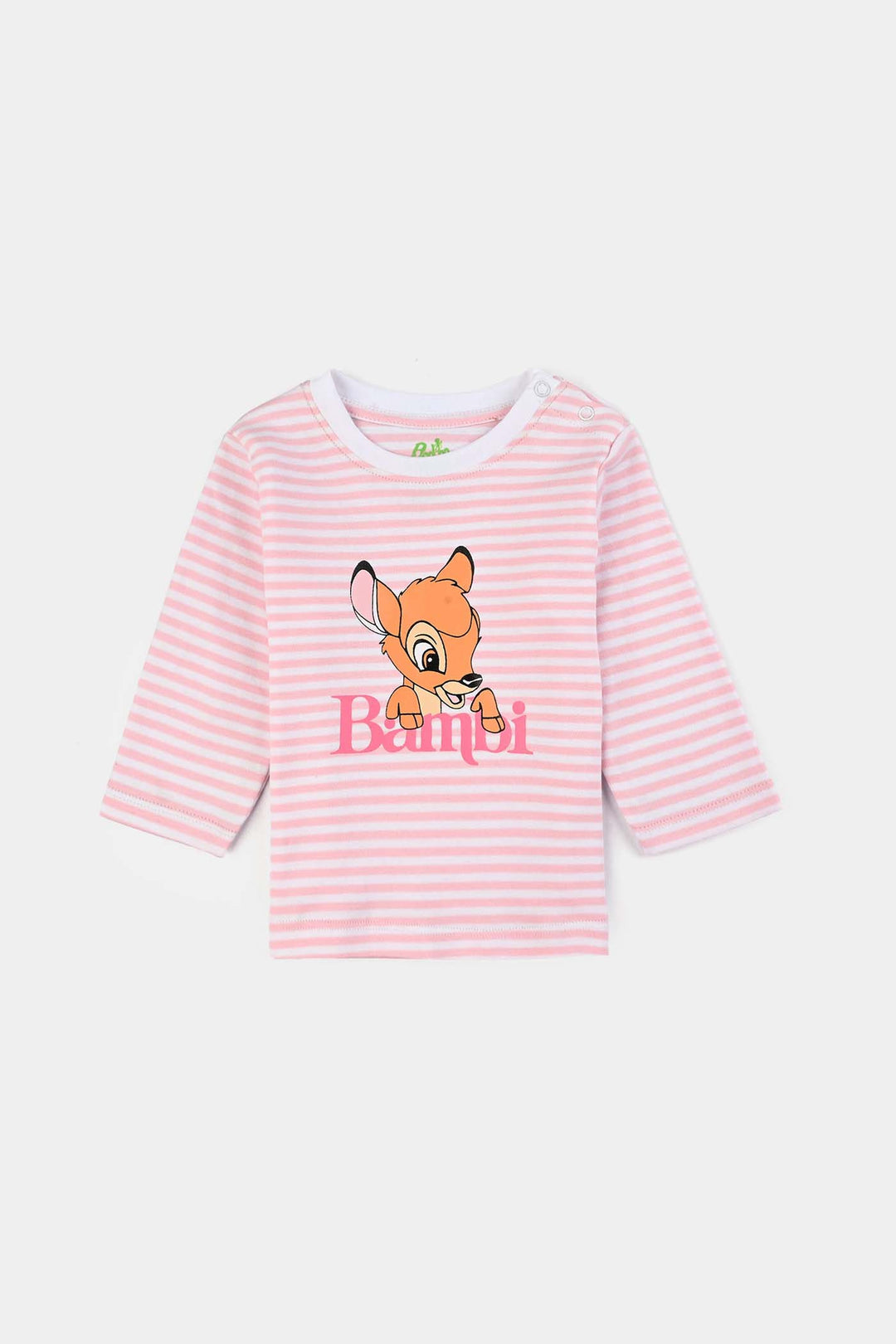 Infant Girls Cotton Interlock Dangri + Tee F/S Bambi-White/Pink Stripes