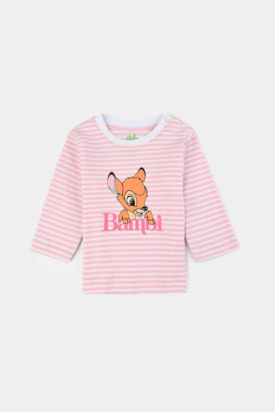 Infant Girls Cotton Interlock Dangri + Tee F/S Bambi-White/Pink Stripes