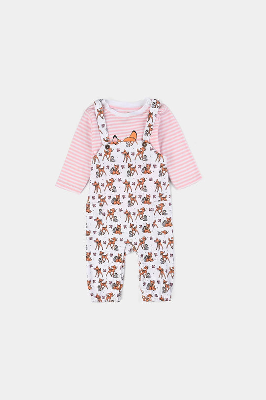 Infant Girls Cotton Interlock Dangri + Tee F/S Bambi-White/Pink Stripes