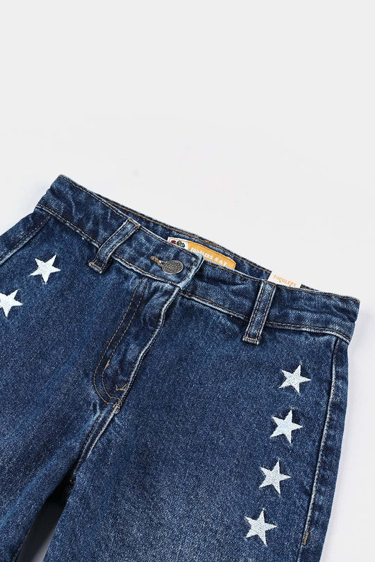 Girls Denim Stretch Pant Emb Star - DARK BLUE