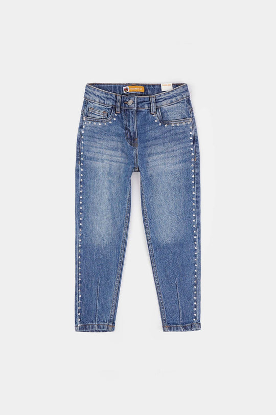 Girls Denim Stretch Pant Side Seams Studs-Mid Blue