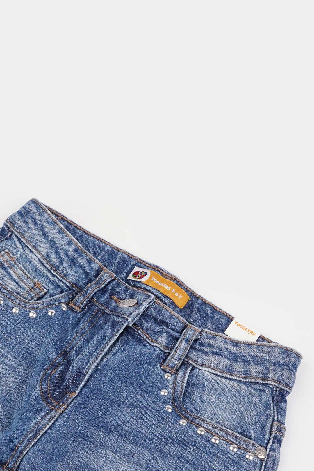 Girls Denim Stretch Pant Side Seams Studs-Mid Blue