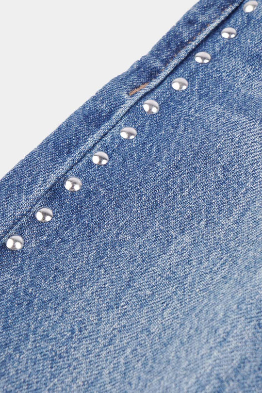 Girls Denim Stretch Pant Side Seams Studs-Mid Blue