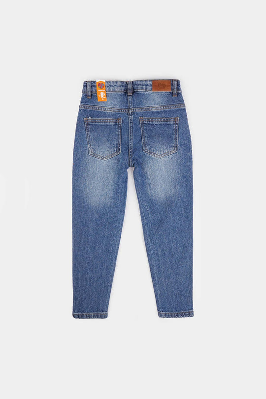 Girls Denim Stretch Pant Side Seams Studs-Mid Blue