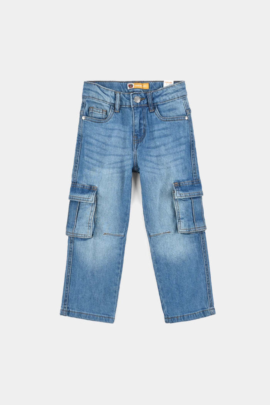 Boys Denim Stretch Pant Cargo Style - Mid Blue