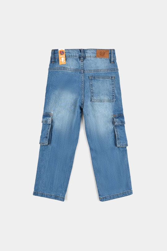 Boys Denim Stretch Pant Cargo Style - Mid Blue