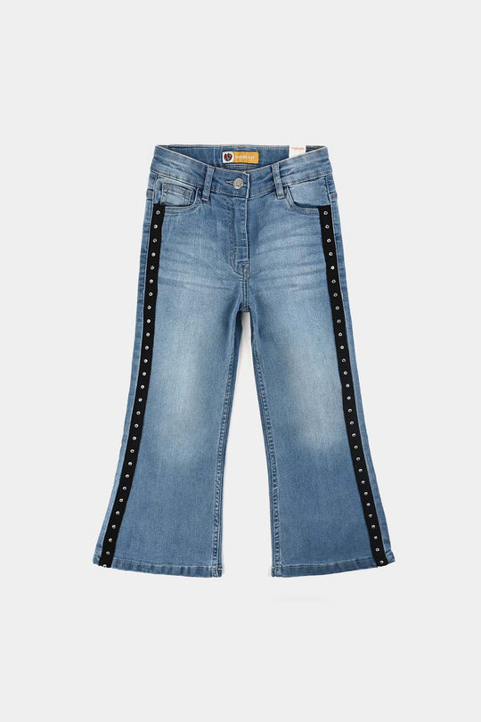 Girls Denim Stretch Pant Side Tape-DARK BLUE