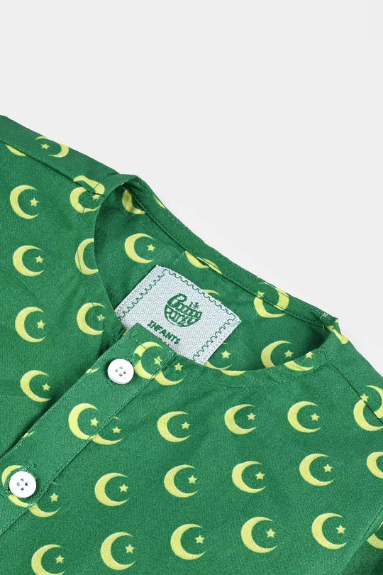 Infant Boys Cotton Poplin Printed Kurta Independence Day-GREEN