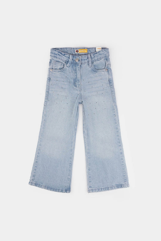 Girls Denim Stretch Pant Pearls & Studs-Ice Blue