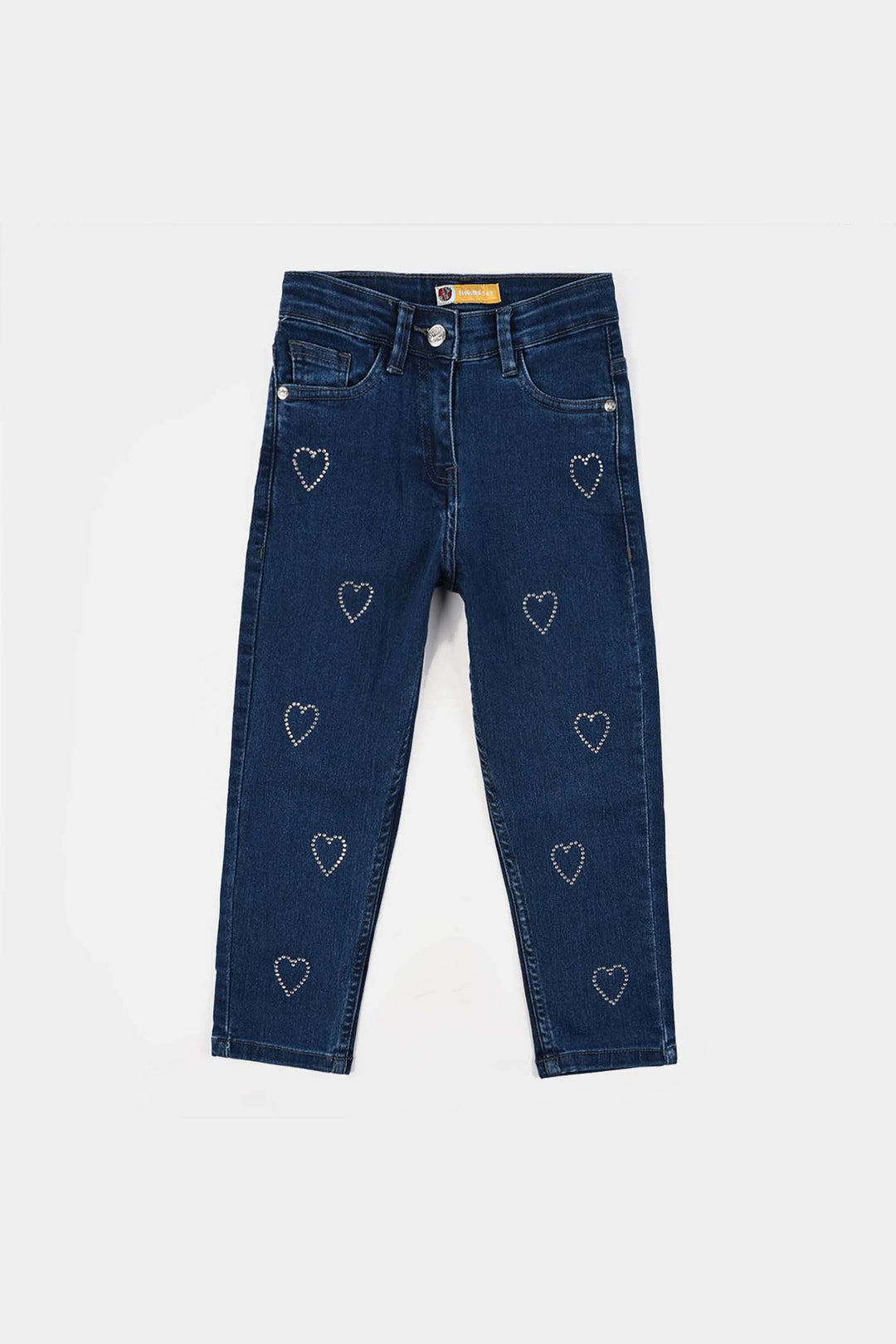 Girls Denim Stretch Pant Sequins Heart-Mid Blue