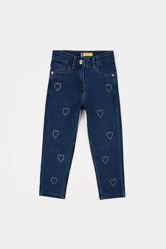 Girls Denim Stretch Pant Sequins Heart-Mid Blue