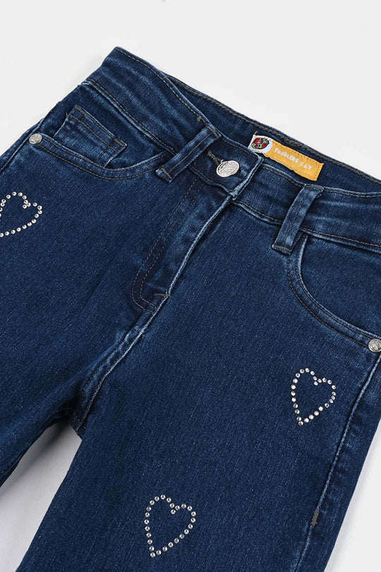 Girls Denim Stretch Pant Sequins Heart-Mid Blue