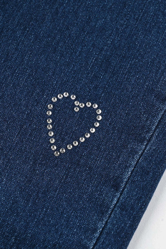 Girls Denim Stretch Pant Sequins Heart-Mid Blue