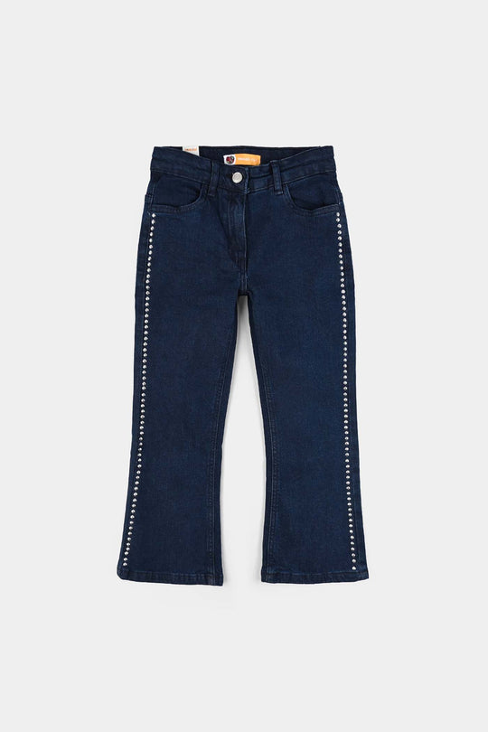 Girls Denim Stretch Pant Side Seams Studs-DARK BLUE