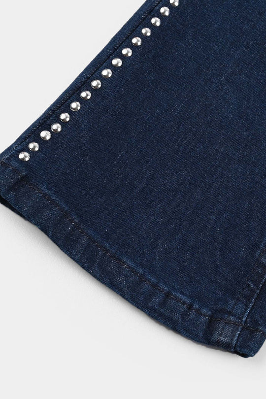 Girls Denim Stretch Pant Side Seams Studs-DARK BLUE