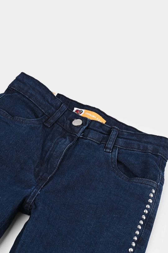 Girls Denim Stretch Pant Side Seams Studs-DARK BLUE