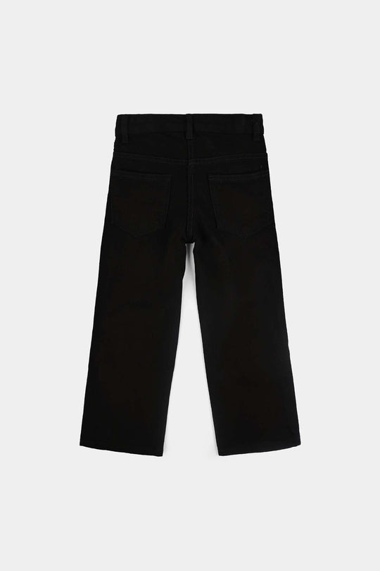 Girls Denim Stretch Pant Basic Wide Legs-BLACK
