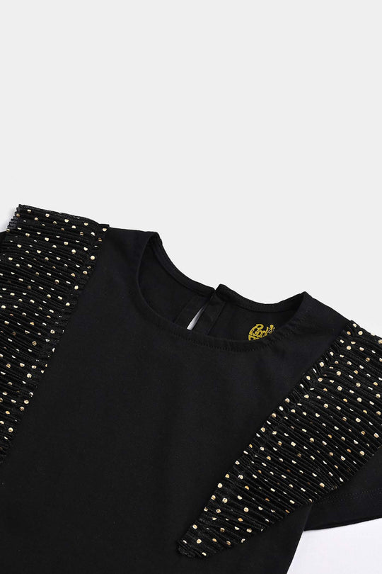 Girls Poly Crinkle T-Shirt H/S GOLDEN POLKA DOT BLACK - BLACK