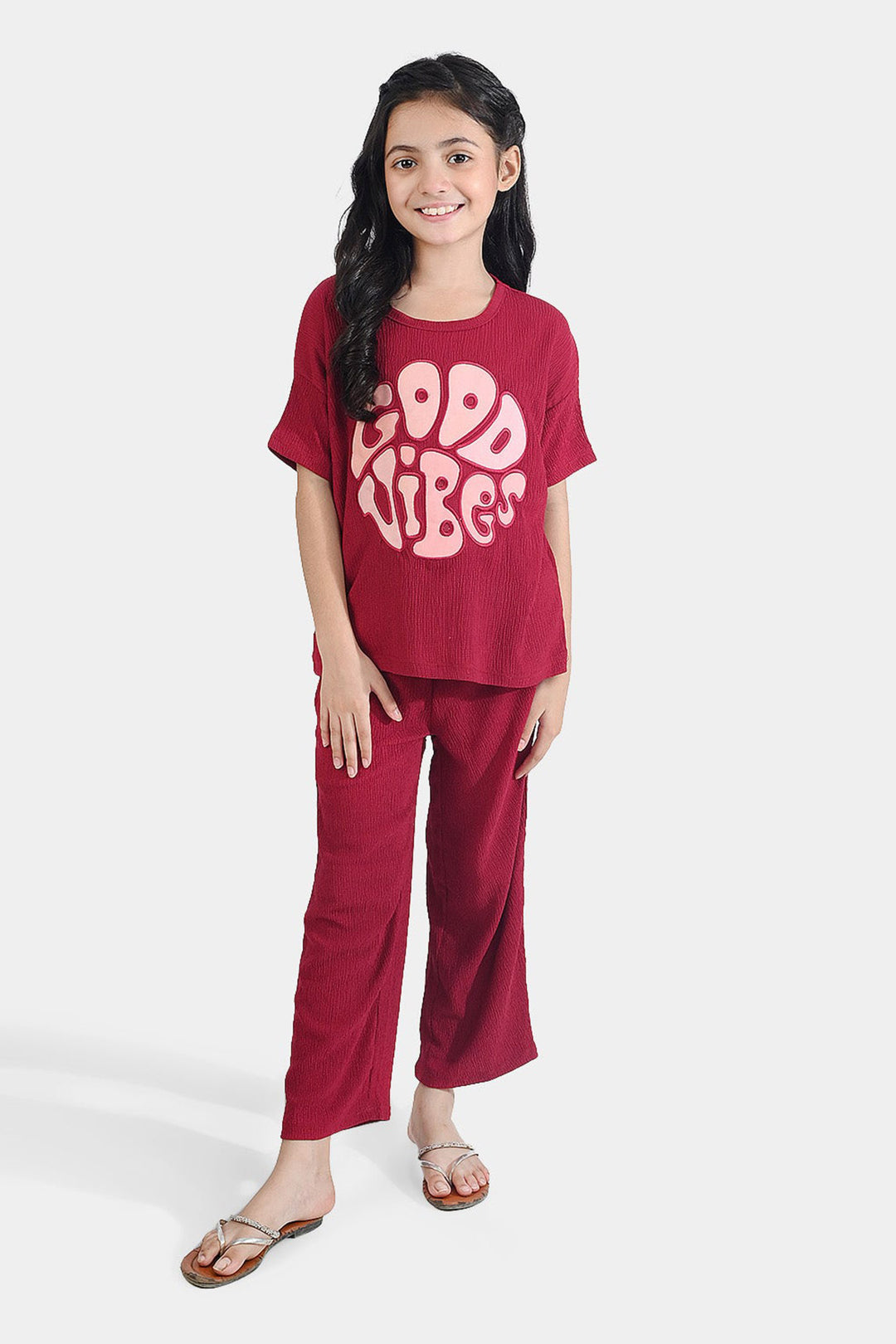 Girls Poly Crinkle 2 Piece Suit Good Vibes - MAROON