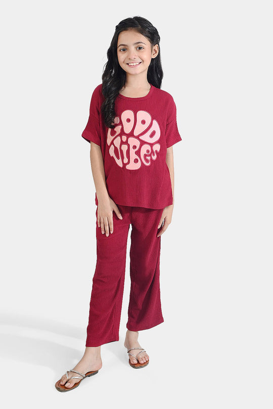Girls Poly Crinkle 2 Piece Suit Good Vibes - MAROON
