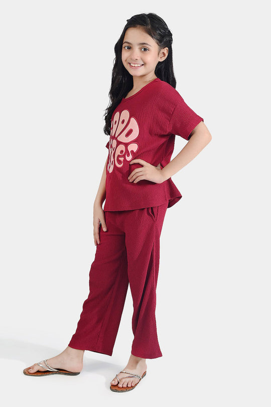 Girls Poly Crinkle 2 Piece Suit Good Vibes - MAROON