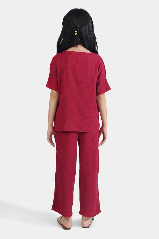 Girls Poly Crinkle 2 Piece Suit Good Vibes - MAROON