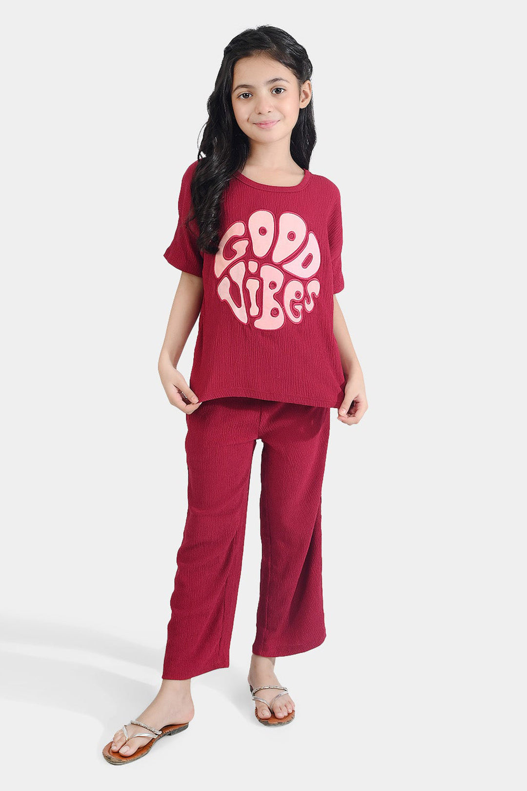 Girls Poly Crinkle 2 Piece Suit Good Vibes - MAROON