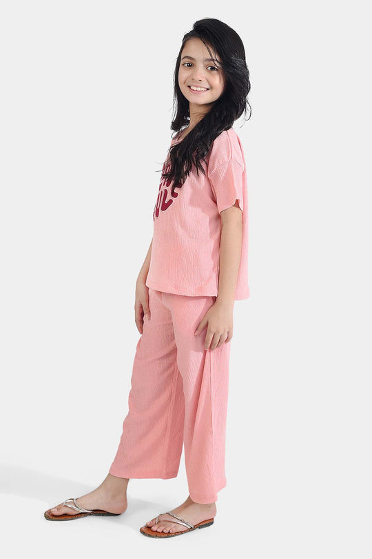 Girls Poly Crinkle 2 Piece Suit Great Full - Pink