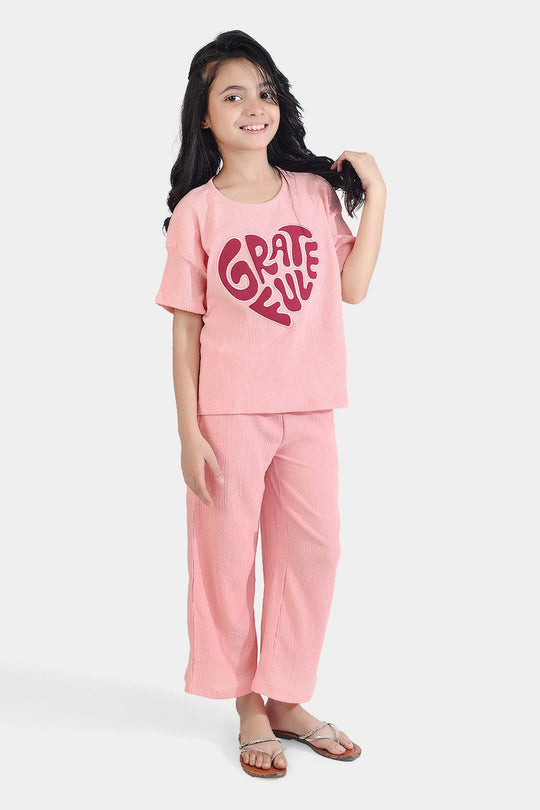 Girls Poly Crinkle 2 Piece Suit Great Full - Pink