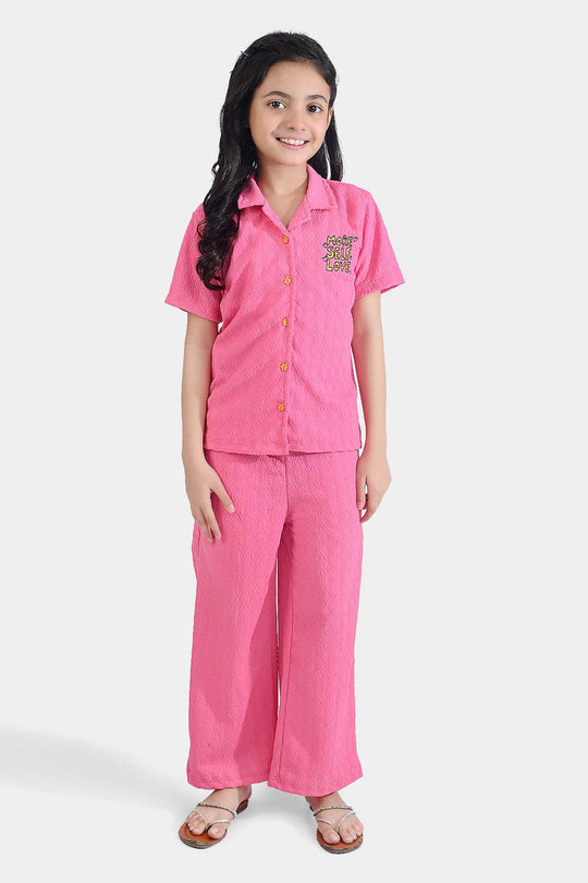 Girls Poly Crinkle 2 Piece Suit More Self Love - Pink