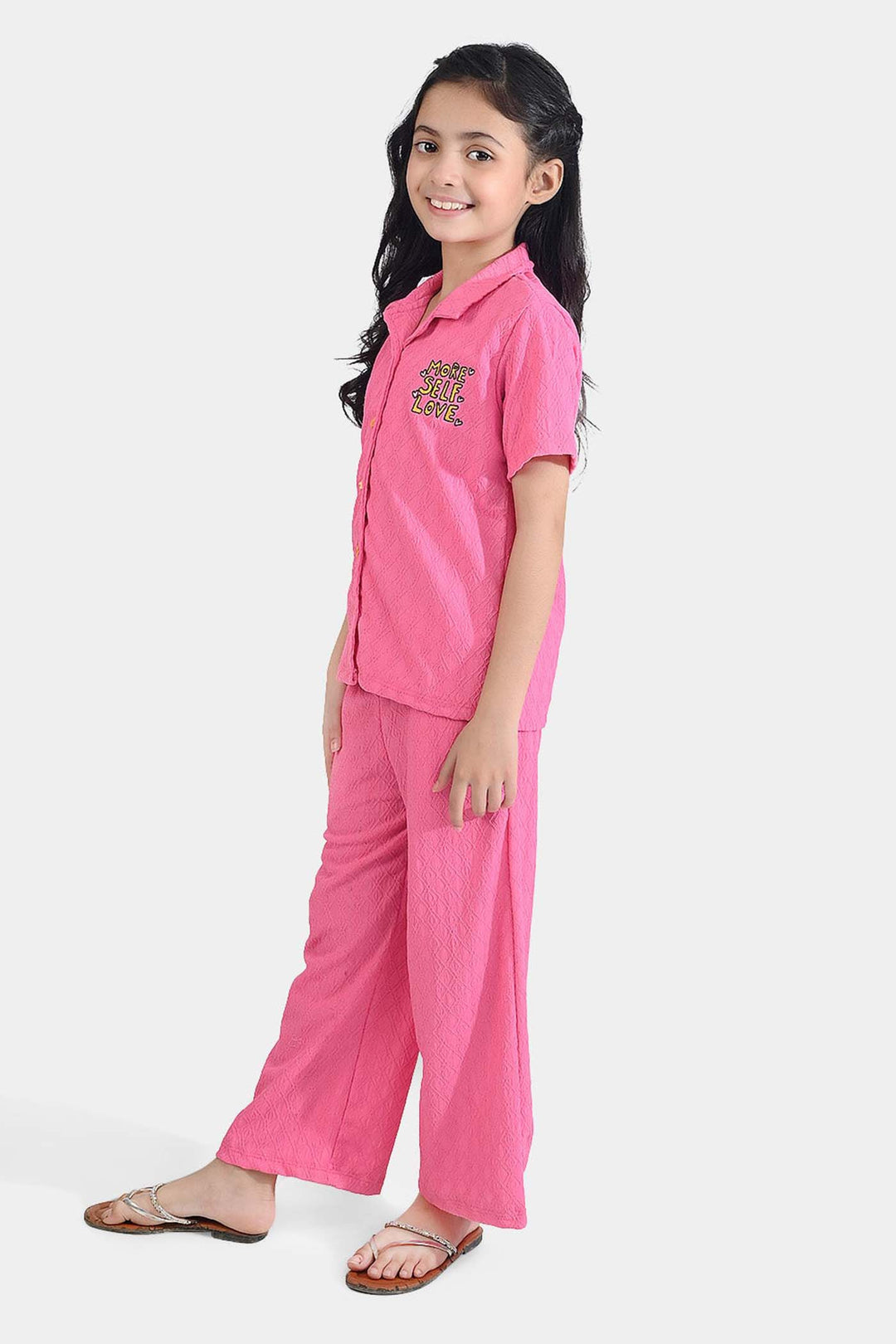 Girls Poly Crinkle 2 Piece Suit More Self Love - Pink