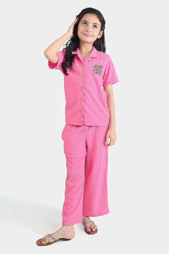 Girls Poly Crinkle 2 Piece Suit More Self Love - Pink